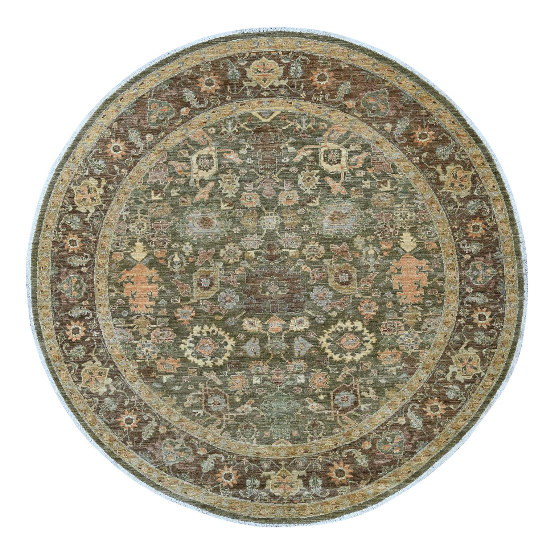 8'4"x8'4" Basil Green, Peshawar with Ziegler Mahal Design, Hand Knotted, High Mountain Wool, Denser Weave, Round, Oriental Rug 